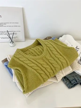 韩版复古麻花针织马甲背心女叠穿套头无袖毛衣上衣2023秋冬新款潮图片