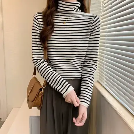 双面德绒磨毛条纹长袖T恤女秋冬修身显瘦韩版内搭保暖打底衫上衣商品大图