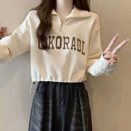 短款抽绳收腰下摆卫衣女秋季薄款宽松显瘦半拉链POLO领外套上衣潮图片