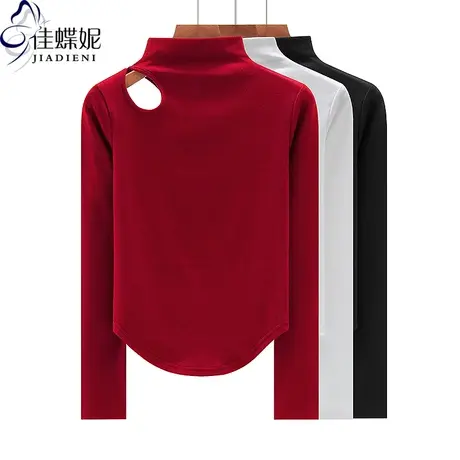 秋冬新款半高领镂空性感纯欲纯棉修身圆弧纯欲长袖体恤上衣女打底商品大图