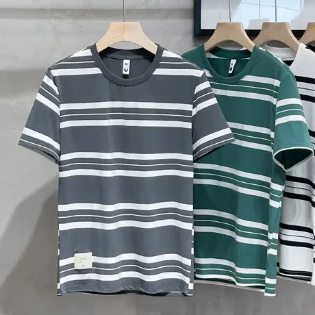 冰丝棉条纹短袖t恤男士夏季修身潮牌体恤男装韩版打底衫半袖体恤商品大图