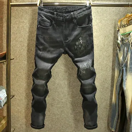 黑色设计师款牛仔裤男高街十字架刺绣裤子高端潮牌印花修身小脚裤商品大图