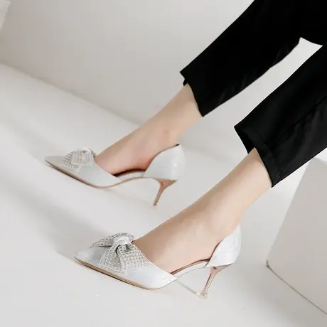 法式名媛尖头高跟鞋女春季2024年新款银色蝴蝶结婚鞋伴娘中空单鞋图片
