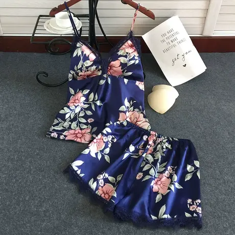 睡衣女夏季薄款冰丝绸性感带胸垫吊带短裤两件套装韩版春秋家居服图片