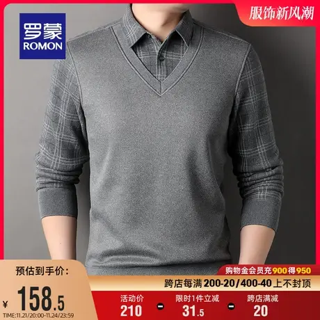 【加绒厚款】罗蒙男士假两件保暖毛衣2023冬季新款休闲格子针织衫图片