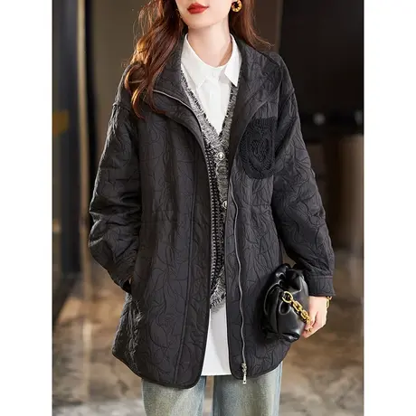 宝诗黎翻领提花抽绳收腰外套2023秋冬新款休闲百搭上衣中长款女装商品大图