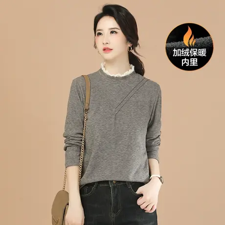 韩潮袭人半高领假两件长袖加绒T恤女2023冬季新款打底衫内搭上衣图片