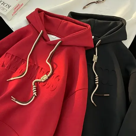 潮流宽松连帽美式卫衣外套男春秋季2024新款加厚加绒情侣纯棉重磅商品大图