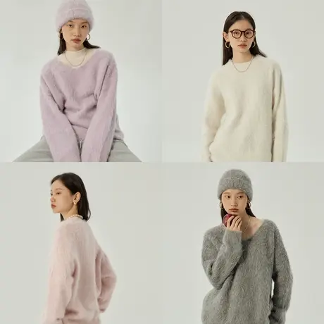 omont蛋挞家 重磅羊驼毛V领毛衣冬季慵懒设计感宽松厚针织衫上衣商品大图