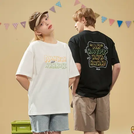 唐狮HAPPY情侣t恤夏季新款短袖男女字母纯棉半袖学生潮流衣服图片