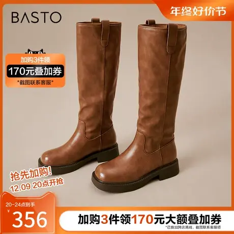 百思图奥莱冬季新款时髦简约街头骑士靴粗跟圆头女长靴MD236DG3图片