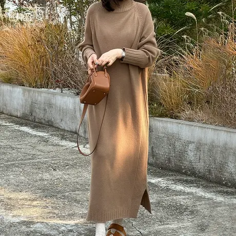 百洛安百搭长款过膝打底厚毛衣裙女冬温柔舒适高领宽松针织连衣裙图片