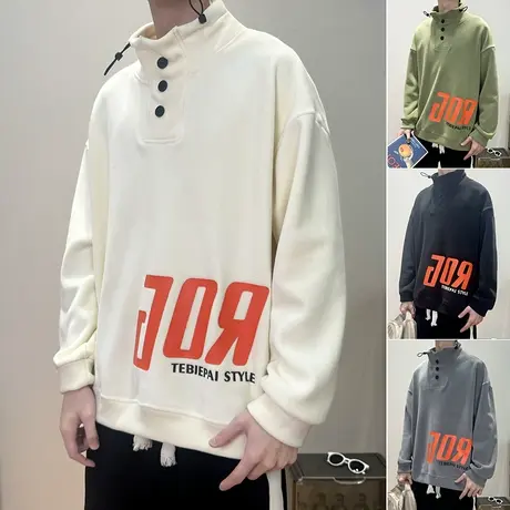 加绒加厚半高领重磅卫衣男春秋季新款双面绒男生美式hiphop外套男商品大图