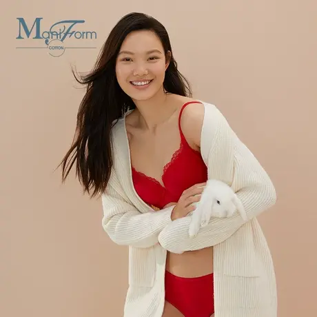 曼妮芬棉质生活轻薄全棉杯里软钢圈防下垂调整型红色文胸本命年T商品大图