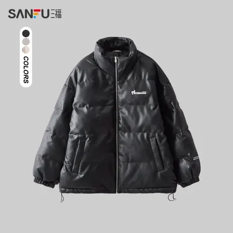 三福2023冬季男士前后幅字母刺绣PU皮短棉衣 无性别外套481351商品大图