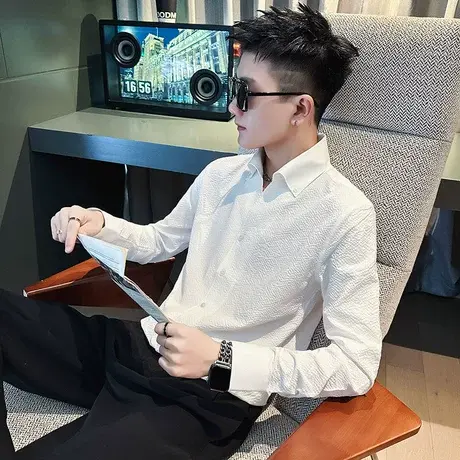 春秋季高级感纯色长袖衬衫美式潮牌小众修身上衣休闲秋装衬衫外套商品大图