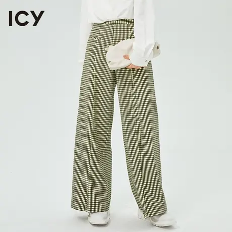icy女装设计春秋新款摩登撞色格纹高腰显瘦阔腿长裤女休闲裤图片