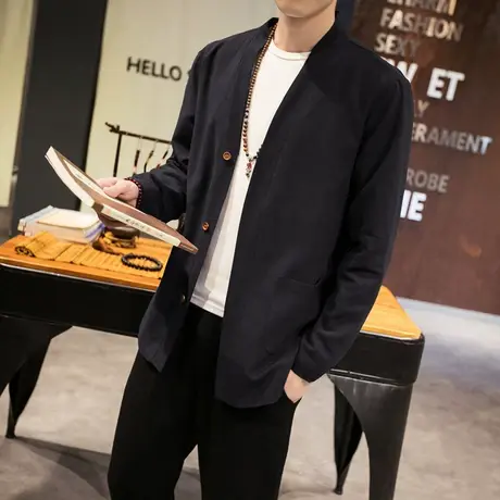 中国风棉麻外套唐装复古夹克男士宽松大码汉服开衫亚麻上衣服男装图片