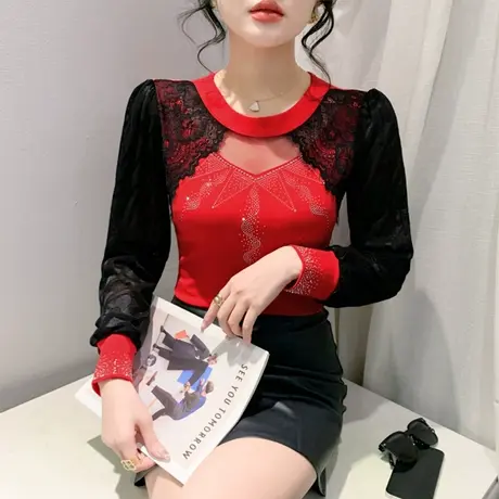 欧货女装性感蕾丝拼接重工烫钻上衣打底衫气质内塔修身长袖女T恤商品大图
