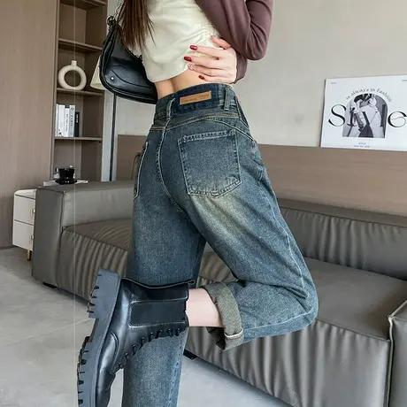 复古蓝牛仔裤女春秋季2024年新款高腰宽松显瘦卷边萝卜哈伦老爹裤商品大图