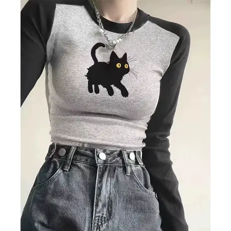 螺纹拼接撞色长袖T恤女春季2024新款修身内搭打底衫插肩袖上衣服图片