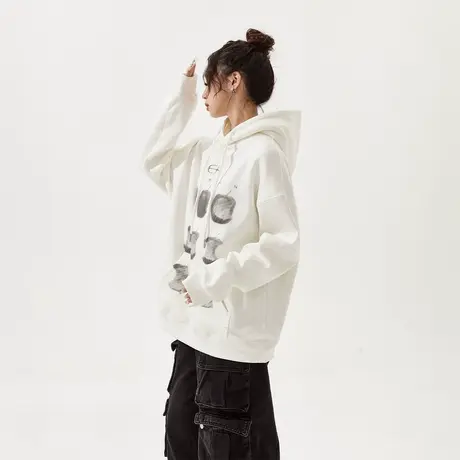 YEP潮牌印花白色连帽卫衣女春秋2025新款复古宽松情侣装外套上衣商品大图