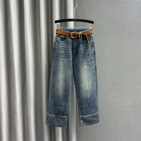 欧货复古磨白牛仔阔腿裤女2024春季新款高腰洋气九分直筒裤烟管裤图片