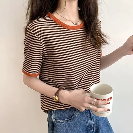 条纹短袖t恤女2022夏装小众设计感宽松百搭圆领港味chic上衣ins潮商品大图
