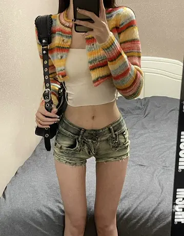 美式辣妹风超短牛仔裤女夏季2023新款复古高腰显瘦a字热裤子直筒图片