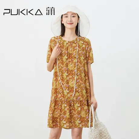 蒲PUKKA 夏季减龄款宽松碎褶拼接圆领真丝印花短袖连衣裙图片