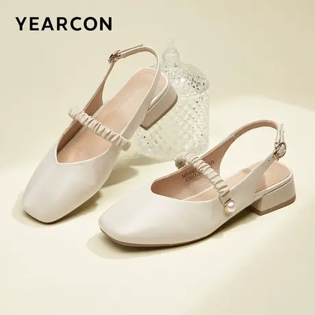 意尔康女鞋夏季包头真皮凉鞋方头粗跟中跟一字扣带法式仙女风皮鞋商品大图