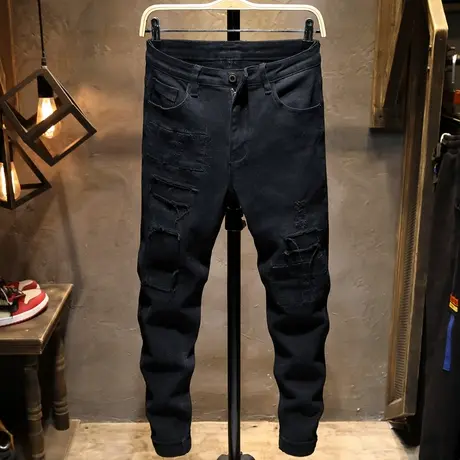 夏季款潮牌黑色破洞牛仔裤男修身小脚裤子男韩版潮流长裤子男宽松商品大图