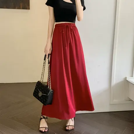 冰丝缎面高级感抽绳半身裙女2024春夏中长新款垂感遮胯a字伞裙薄图片