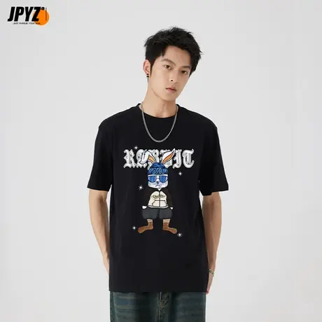 趣味刺绣短袖男女t恤时尚兔子印花原创百搭国潮流情侣装短袖纯棉商品大图