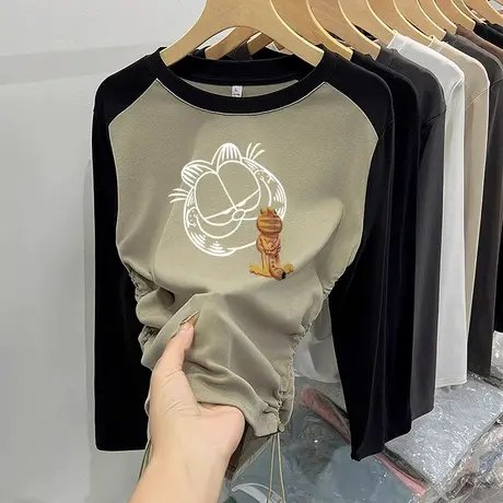 长袖T恤女春秋季圆领抽绳撞色上衣设计感收腰短款小个子打底衫潮图片