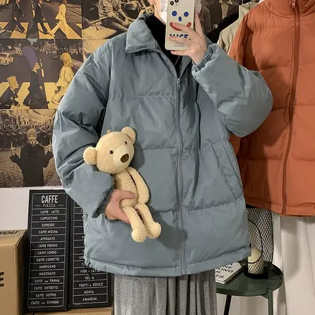 潮流男士宽松棉袄2023秋冬季男装新款加厚纯色外套韩版开衫上衣服商品大图