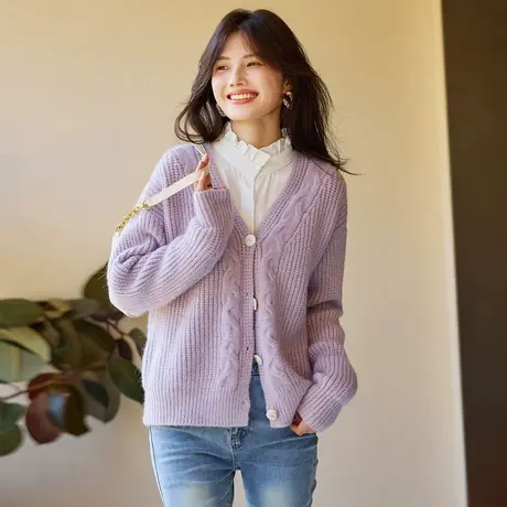 时尚气质毛衣开衫2023年秋新款淑女温柔甜美V领显瘦通勤百搭上衣商品大图