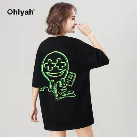 Ohlyah笑脸涂鸦印花t恤女情侣装纯棉半袖ulzzang短袖上衣ins潮牌图片