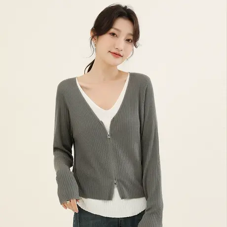 韩潮袭人假两件撞色针织衫女秋新款套头设计感百搭上衣商品大图