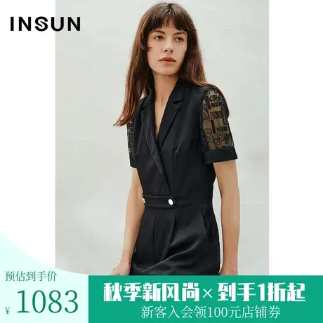 恩裳2023年夏装新款绣花蕾丝拼接斜纹醋酸时尚通勤连体裤图片