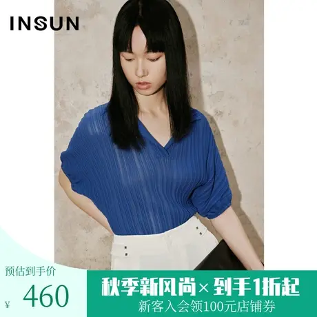 恩裳COVER2023夏季新款简约轻商务竖条纹立体褶皱伯爵丝绵针织衫商品大图