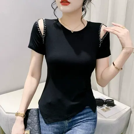 欧货气质网红T恤女短袖设计感下摆开叉上衣性感露肩心机小衫修身商品大图