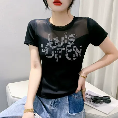 欧货时尚镂空短袖T恤女士夏装网纱拼接小衫重工烫钻上衣设计感ins商品大图