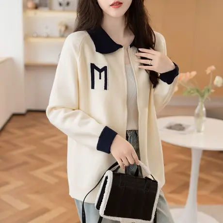 秋装2023年新款小香风娃娃领拉链针织开衫外套女宽松外搭洋气上衣商品大图