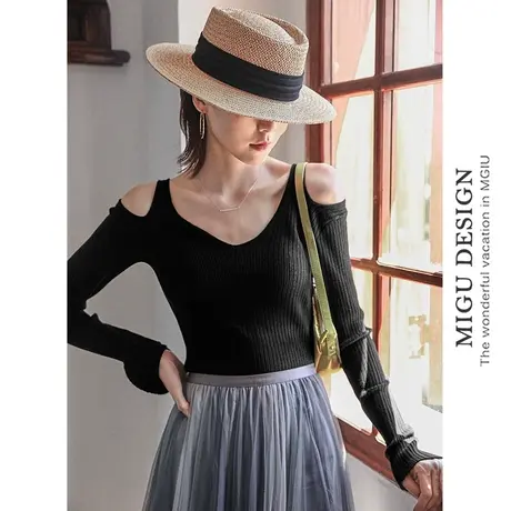 黑色长袖t恤早春镂空露肩内搭打底针织衫女短款挖肩上衣设计感夏商品大图