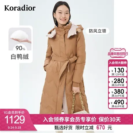 [高克重]珂莱蒂尔女秋冬新款时尚中长款美拉德白鸭绒连帽羽绒服图片