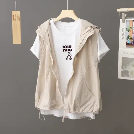 夏季新款薄款连帽无袖防晒衫女舒适透气韩版休闲马夹外套防晒坎肩图片