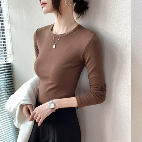 歌倍尚长袖T恤女2023春季新款内搭简约圆领打底衫修身显瘦针织衫商品大图
