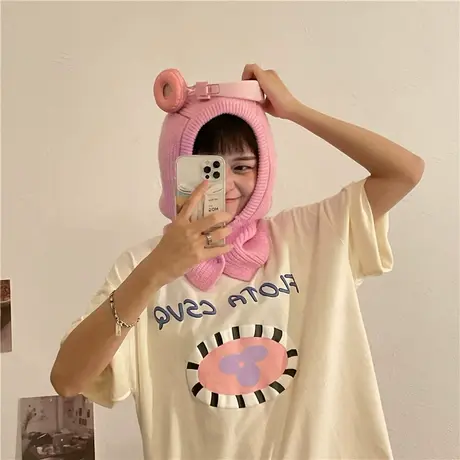 红续奶黄色印花短袖T恤女2023夏季新款设计感小众别致宽松上衣ins商品大图