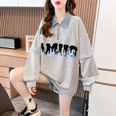 设计感小众翻领polo衫卫衣女春秋季韩版宽松薄款假两件上衣服外套商品大图